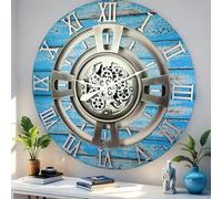 ImprovingLife The Gears Clock Horloge murale en mouvement Motif ligne d'Angleterre Bleu océan 60 cm