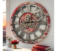 ImprovingLife The Original Real Moving Gear Horloge murale vintage industrielle surdimensionnée Rustic Farmhouse (60 cm), rouge lave