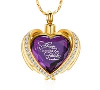 Imrsanl Collier avec pendentif urne en forme d'aile d'ange en forme de cœur pour femme avec pierre de naissance en cristal pour cendres humaines, médaillon commémoratif pour cendres, 1.10" x 1.14