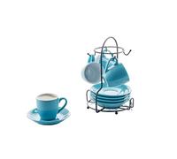 Imusa USA Lot de 8 tasses à expresso et soucoupes Bleu et blanc 85 g avec support de rangement
