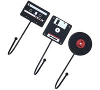 IMUSINICE Lot de 3 Crochets Muraux Rétro Noir en Fer Adhésif Flexible, Design Cassette et Disque Vinyle, pour Porte-clés et Serviettes, Décoration Artistique Intérieure