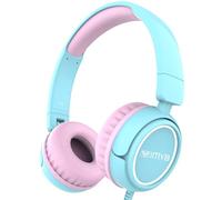 IMYB Casque pour enfants avec câble, pliable, son stéréo, limitation du volume sécurisée, jack 3,5 mm, casque supra-auriculaire pour l'école, garçon, fille, tablette, PC, bleu clair et rose