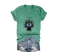 In Fine It Fine Everything Drôle Chat V Neck T-Shirts Short Femmes Mignon Chat Graphique Tee Drôle Décontracté, vert, S