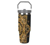 in Gold And Black - Gobelet de 887 ml avec paille, tasse de voyage isotherme en acier inoxydable avec poignée, tasse à café sous vide à double paroi, couvercle anti-fuite, garde les boissons chaudes