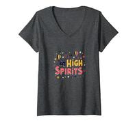 in High Spirits : Joyful Hot Air Balloon Celebration T-Shirt avec Col en V, Femme, Chiné Foncé, XXL