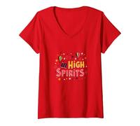in High Spirits : Joyful Hot Air Balloon Celebration T-Shirt avec Col en V, Femme, Rouge, S