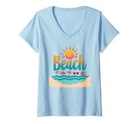 in My Beach : Tropical Paradise Summer Vacation T-Shirt avec Col en V, Femme, Bleu Céleste, XXL