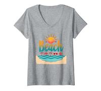 in My Beach : Tropical Paradise Summer Vacation T-Shirt avec Col en V, Femme, Gris Chiné, XL