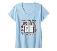 in My Kindergarten Era: Commencer Mon Histoire T-Shirt avec Col en V, Femme, Bleu Céleste, M