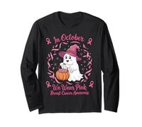 in October We Wear Pink Breast Cancer Ghost Halloween Manche Longue