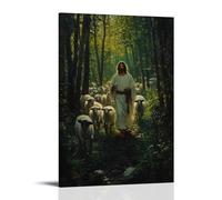 In The Heart of A Forest Clearing, Jesus Leads A Group of Lambs, While Piercing Eyes of Wolves Glimmer Just beyond the Trees. Poster mural décoratif moderne à suspendre 60 x 90 cm