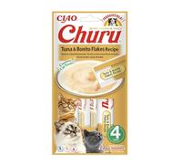 INABA Churu - Friandises pour Chats en Purée au Thon & Flocons de bonite - Délicieux Snacks pour Félins - Texture Lisse et Onctueuse - Nourriture pour Chats - 4 Tubes x 14g