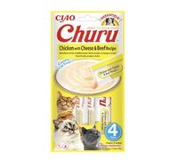 INABA Churu - Friandises pour Chats en Purée au Poulet au Fromage & bœuf - Délicieux Snacks pour Félins - Texture Lisse et Onctueuse - Nourriture pour Chats - 4 Tubes x 14g