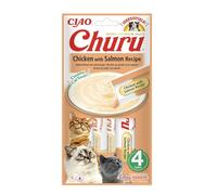 INABA Churu - Friandises pour Chats en Purée au Poulet & Saumon - Délicieux Snacks pour Félins - Texture Lisse et Onctueuse - Nourriture pour Chats - 4 Tubes x 14g