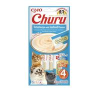 INABA Churu - Friandises pour Chats en Purée au Thon & Fruits de mer - Délicieux Snacks pour Félins - Texture Lisse et Onctueuse - Nourriture pour Chats - 4 Tubes x 14g