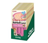 INABA Churu Hairball Control, Friandises Crémeuses pour Chats, Anti-Boules de Poils, au Saumon, Purée Onctueuse avec Fibres Ajoutées, Riche en Omega 3 & 6, Haute Humidité, 12 Paquets de 4 Sticks x 14g