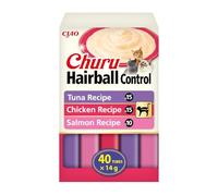 INABA Churu Hairball Control, Friandises Crémeuses pour Chats, Anti-Boules de Poils, aux Thon, Poulet et Saumon, Purée avec Fibres Ajoutées, Riche en Omega 3 & 6, Haute Humidité, 40 Sticks x 14g
