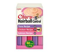 INABA Churu Hairball Control, Friandises Crémeuses pour Chats, Anti-Boules de Poils, aux Thon, Poulet et Saumon, Purée avec Fibres Ajoutées, Riche en Omega 3 & 6, Haute Humidité, 60 Sticks x 14g