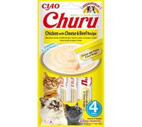 INABA Churu Cat Treat Chicken,Cheese&Beef Aliment humide avec du poulet, du fromage et du bœuf 4x14g
