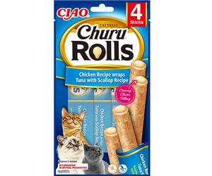 INABA Churu Rolls Cat Treat Aliment humide avec garniture crémeuse au poulet, thon et coquille Saint-Jacques 4x10g