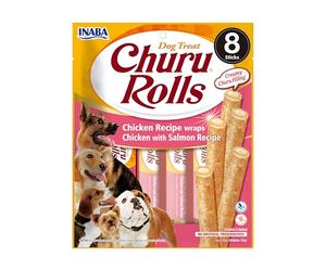 INABA Churu Rolls, Snack pour Chien, Double Texture, Poulet & Saumon, 8x12g | Bâtonnet Friandise pour Chien avec Coeur Crémeux, Ingrédients Premium, Sans Céréales, Entraînement et Récompense