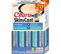 INABA Churu Skin & Coat Creamy Snack pour Chats en 2 variétés de Thon - 20 bâtonnets x 14 g - Nourriture pour Chat avec oméga 3 et 6, Vitamine E pour la santé de la Peau et du Pelage