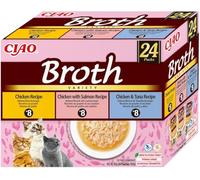 INABA Ciao Broth, Variété au Poulet, Thon et Saumon, 24x40g | Friandise Humide pour Chat, Bouillon avec Lanières de Poulet, Délicieux Snack, Plat d'accompagnement, Faible en Calories
