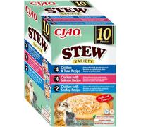 INABA Ciao - Stew Variété - Recipe Friandise pour Chat Humide - Délicieuse et Saine - Sauce - Plat d'accompagnement - Complément Naturel et sans Céréales - Pâtée pour Chat - 40g (10 Paquets)