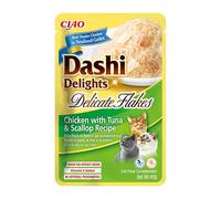 INABA Dashi Delights Delicate Flakes, Nourriture Humide pour Chats au Poulet, Thon et Pétoncles, Flocons et Bouillon de Poisson, Riche en Protéines, Ingrédients Naturels, Repas Complémentaire, 1x40 g