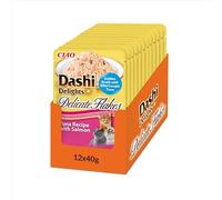 INABA Dashi Delights Delicate Flakes, Nourriture Humide pour Chats au Thon et Saumon, Flocons et Bouillon de Poisson, Riche en Protéines, Ingrédients Naturels, Repas Complémentaire, 12x40 g