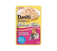 INABA Dashi Delights Delicate Flakes, Nourriture Humide pour Chats au Thon et Saumon, Flocons et Bouillon de Poisson, Riche en Protéines, Ingrédients Naturels, Repas Complémentaire, 1x40 g