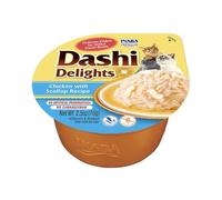 INABA Dashi Delights - Morceaux dans Un Bouillon de Flocons de bonite au Poulet & pétoncles - 1 x 70g - Délicieuse et Saine - Topping - Riche en protéines - Ingrédients naturels - Pâtée pour Chat