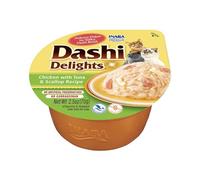 INABA Dashi Delights - Morceaux dans Un Bouillon de Flocons de bonite au Poulet/Thon/pétoncles - 1 x 70g - Topping - Riche en protéines - Ingrédients naturels - Délicieux et sain - Pâtée pour Chat