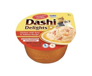 INABA Dashi Delights - Morceaux dans Un Bouillon de Flocons de bonite au Poulet,Thon & Saumon - 1 x 70g - Nourriture pour Chat - Topping - Riche en protéines - Ingrédients naturels - Pâtée pour Chat.