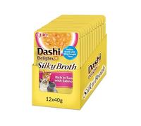 INABA Dashi Delights Silky Broth, Nourriture Humide pour Chats Riche en Thon et au Saumon, Bouillon de Poisson, Riche en Protéines, Ingrédients Naturels, Repas Complémentaire, 12 Sachets de 40 g