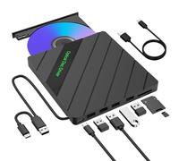 inaepeak Lecteur CD DVD externe 8 en 1 pour ordinateur portable, USB 3.0, graveur de CD externe portable avec 4 ports USB/2 emplacements pour carte SD/1 port de type C, lecteur de disque pour