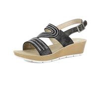 inblu Sandales pour femme à double bande Design en S de Strass, avec sangle réglable, insert élastique et talon de 5 cm, Noir, 39 EU