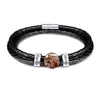INBLUE Bracelet Homme Personnalisé Prénom Noms Gravé Perles en Acier Inoxydable Cuir Tressée Cadeau de Fête des Pères Anniversaire Noël pour Papa Famille Grand-père Copains (Argent, Rond 2 Perle)
