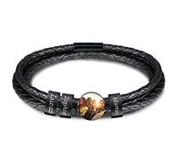 INBLUE Bracelet Homme Personnalisé Prénom Noms Gravé Perles en Acier Inoxydable Cuir Tressée Cadeau de Fête des Pères Anniversaire Noël pour Papa Famille Grand-père Copains (Noire, Rond 3 Perle)