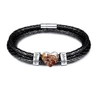 INBLUE Bracelet Homme Personnalisé Prénom Noms Gravé Perles en Acier Inoxydable Cuir Tressée Cadeau de Fête des Pères Anniversaire Noël pour Papa Famille Grand-père Copains (Argent, Cœur 2 Perle)