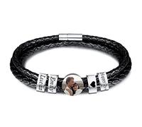 INBLUE Bracelet Homme Personnalisé Prénom Noms Gravé Perles en Acier Inoxydable Cuir Tressée Cadeau de Fête des Pères Anniversaire Noël pour Papa Famille Grand-père Copains (Argent, Rond 4 Perle)