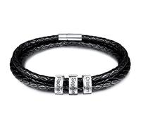 INBLUE Bracelet Homme Personnalisé Prénom Noms Gravé Perles en Acier Inoxydable Cuir Tressée Cadeau de Fête des Pères Anniversaire Noël pour Papa Famille Grand-père Copains (Argent, 3 Perle)