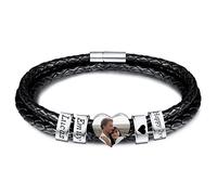 INBLUE Bracelet Homme Personnalisé Prénom Noms Gravé Perles en Acier Inoxydable Cuir Tressée Cadeau de Fête des Pères Anniversaire Noël pour Papa Famille Grand-père Copains (Argent, Cœur 4 Perle)