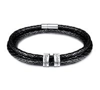 INBLUE Bracelet Homme Personnalisé Prénom Noms Gravé Perles en Acier Inoxydable Cuir Tressée Cadeau de Fête des Pères Anniversaire Noël pour Papa Famille Grand-père Copains (Argent, 2 Perle)