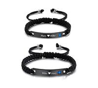 INBLUE Bracelets en Corde Tressée Personnalisés avec Plaque Gravée en Acier Inoxydable Pierres de Naissance Bracelets Réglables Faits à la Main Cadeaux pour Femmes Hommes Couples Familles D'amitié