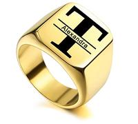 INBLUE chevalière Initiale gravée personnalisée Monogramme pour Hommes Femmes garçons Hommes Anneaux en Acier Inoxydable, Paquet avec ajusteurs de Taille de Bague (Or, Taille 54)