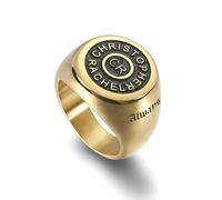 INBLUE Chevalière Initiale Personnalisée pour Homme Femme Acier Inoxydable/Plaqué Or 18 Carats Noir Bague Nom Gravée Personnalisée Cadeau pour Papa Mari Petit Ami (Taille 64, Cercle Or)