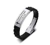 INBLUE Citation Religieuse Foi Versets Bible Chrétienne Inspirante Puissante Écriture ID Bracelet Croix Bracelets en Silicone Réglables Acier Inoxydable Cadeau pour Homme (Style B-Argent)