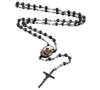 INBLUE Collier Chapelet Personnalisé avec Photo Gravée avec Texte au Dos Perles de Chapelet Collier Catholique pour Femmes Acier inoxydable Croix Y Chaîne de Collier Chapelet Prière Cadeaux - Noir