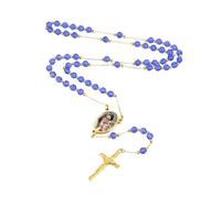 INBLUE Collier Chapelet Personnalisé avec Photo Gravée avec Texte au Dos Perles de Chapelet Collier Catholique pour Femmes Acier inoxydable Croix Y Chaîne de Collier Chapelet Prière Cadeaux - Bleu